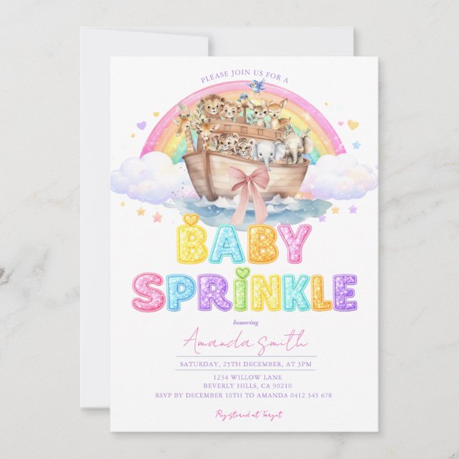 Noah’s Ark Baby Sprinkle Glitter Rainbow  Inbjudningar (Framsida)