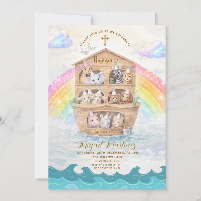 Noah’s Ark Baptism Invitation | Baby Animals Inbjudningar (Framsida)