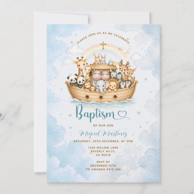 Noah’s Ark Baptism Invitation Boy Inbjudningar (Framsida)