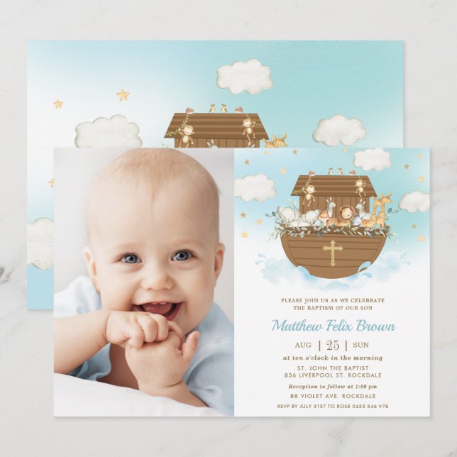 Noahs Ark Animals Boy Baptism Christening Photo Inbjudningar (Fram/baksida)