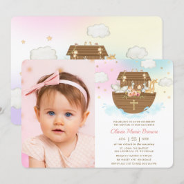 Noahs Ark Animals Girl Baptism Christening Photo Inbjudningar