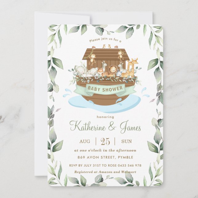 Noahs Ark Animals Greenery Baby Shower Neutralt Inbjudningar (Framsida)