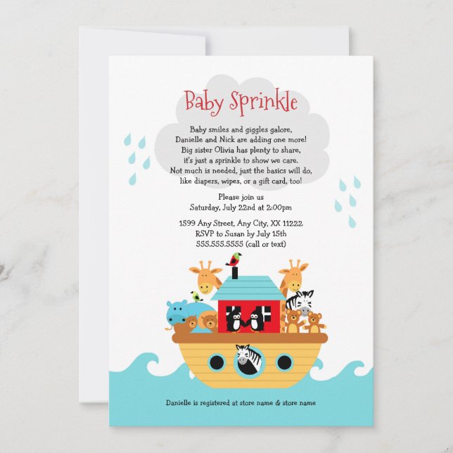 Noahs Ark Baby sprinkle inbjudan, babydusch Inbjudningar (Framsida)