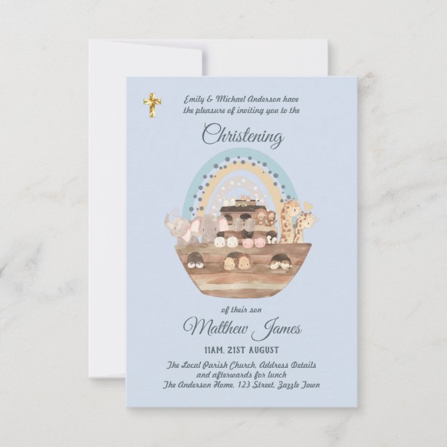 Noahs Ark Blue Boys Christening Inbjudan Baptism (Framsida)