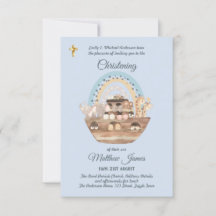 Noahs Ark Blue Boys Christening Inbjudan Baptism