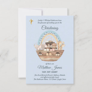 Noahs Ark Blue Boys Christening Inbjudan Baptism