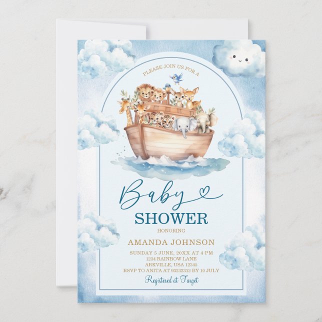  Noah's Ark Blue Watercolor Baby Shower Inbjudningar (Framsida)