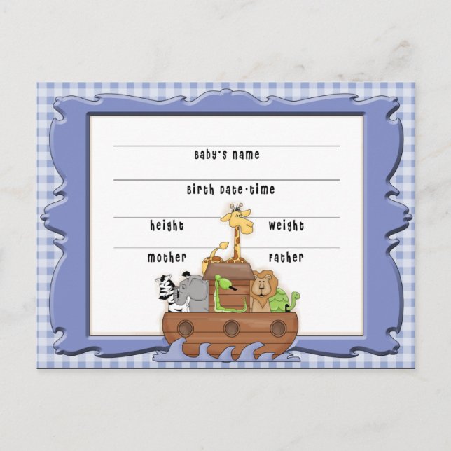 Noahs Ark Boy Birth Certificate Postcard Vykort (Framsida)