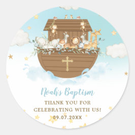 Noahs Ark Cute Animals Blue Boy Baptism Favor Runt Klistermärke