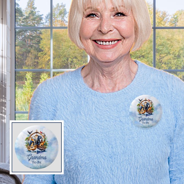 Noahs Ark Cute Animals Blue Boy Grandma ska vara Knapp (Grandma to Be Noah's Ark Cute Animals Blue Boy Baby Shower Pinback Button)