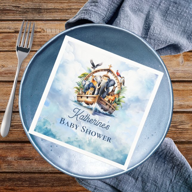 Noahs Ark Cute Animals Blue Boy Shower Pappersservett (Noah's Ark Cute Animals Boy Baby Shower Paper Napkins)