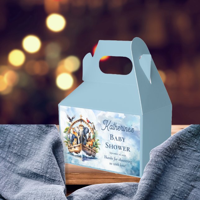 Noahs Ark Cute Animals Blue Boy Shower Presentaskar (Noah's Ark Cute Animals Blue Boy Baby Shower Favor Box)