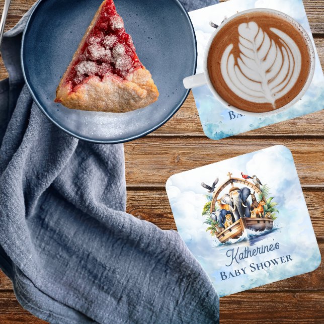 Noahs Ark Cute Animals Blue Boy Shower Underlägg Papper Kvadrat (Noah's Ark Cute Animals Blue Boy Baby Shower Coaster)