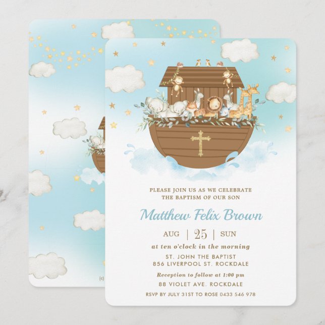 Noahs Ark Cute Animals Boy Baptism Christening Inbjudningar (Fram/baksida)