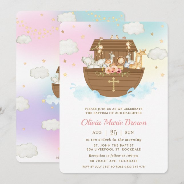 Noahs Ark Cute Animals Girl Baptism Christening Inbjudningar (Fram/baksida)