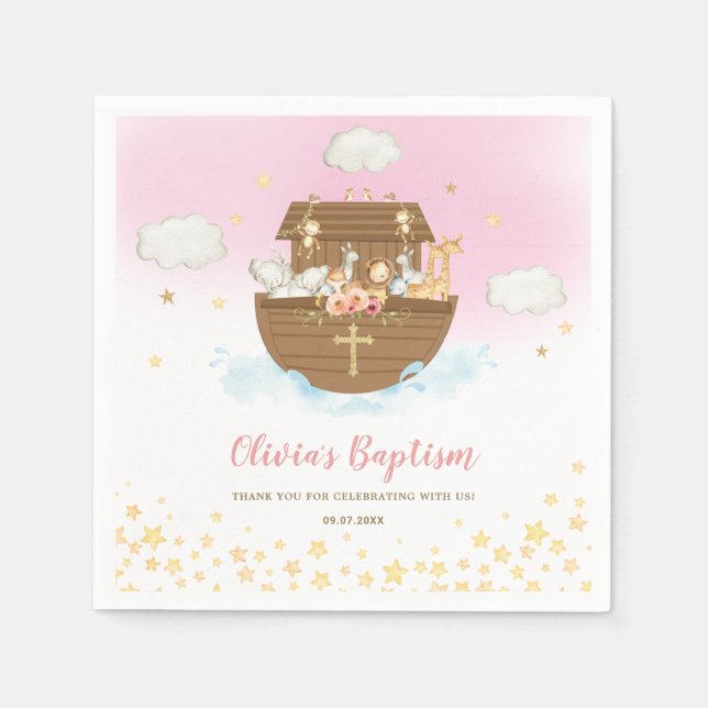 Noahs Ark Cute Animals Girl Baptism Christening Pappersservett (Framsidan)