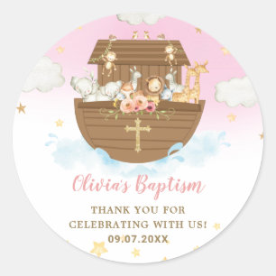 Noahs Ark Cute Animals Girl Baptism Christening Runt Klistermärke