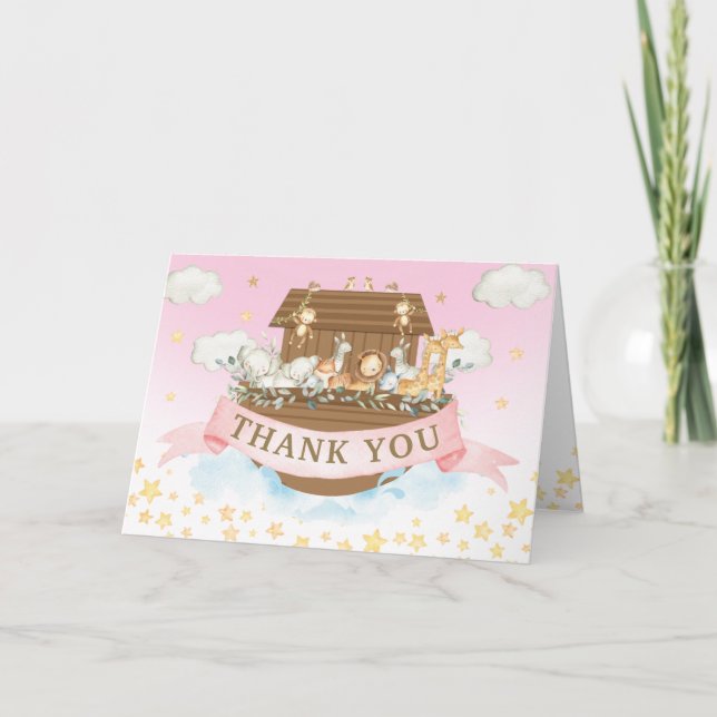 Noahs Ark Cute Animals Girl Birthday Baby Shower Tack Kort (Framsida)