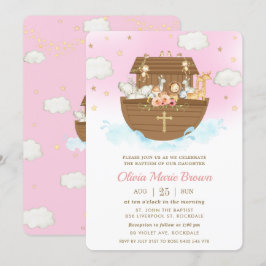 Noahs Ark Cute Animals Rosa Baptism Christening Inbjudningar