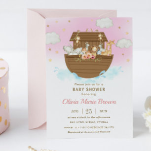 Noahs Ark Cute Animals Rosa Girl Baby Shower Inbjudningar