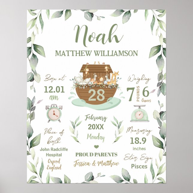 Noahs Ark Greenery Baby Birth Stats Nursery Poster (Framsidan)