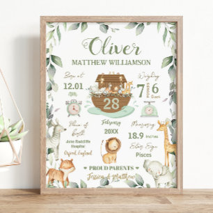 Noahs Ark Greenery Baby Birth Stats Nursery Poster