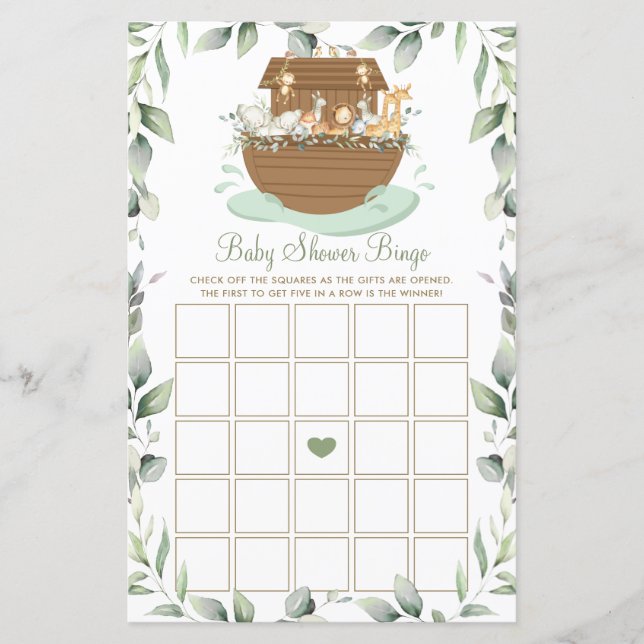 Noahs Ark Greenery Baby Shower Bingo Game (Framsida)