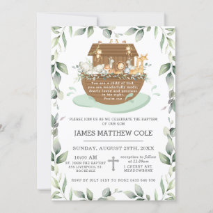 Noahs Ark Greenery Baptism Christening Neutralt in Inbjudningar