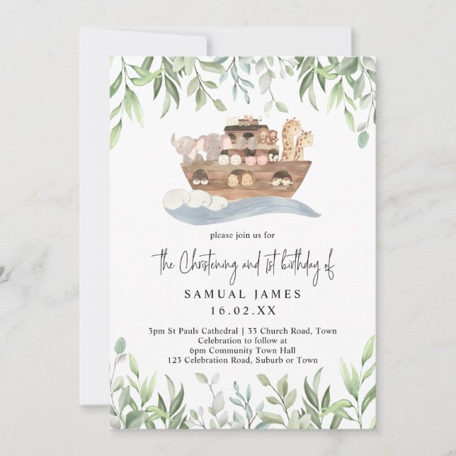 Noahs Ark Greenery Christening och 1:a födelsedage Inbjudningar (Framsida)