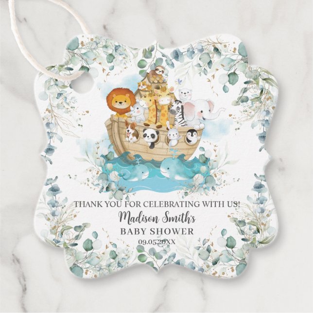 Noahs Ark Greenery Gender Neutral Baby Shower Gåvor Etiketter (Framsida)
