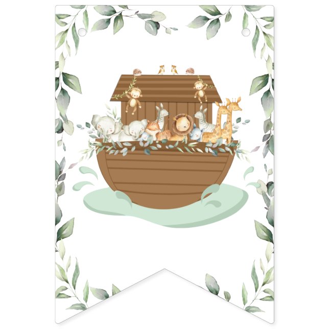 Noahs Ark Greenery Gender Neutral Baby Shower Vimplar (Första flaggan)