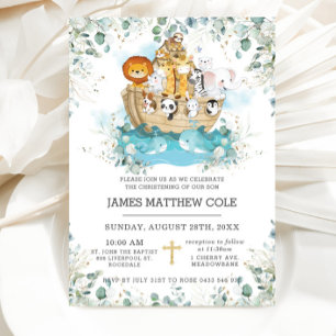 Noahs Ark Greenery Gender Neutral Baptism Inbjudningar