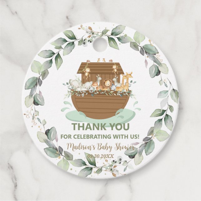 Noahs Ark Greenery Neutralt Baby Shower Birthday Gåvor Etiketter (Framsida)