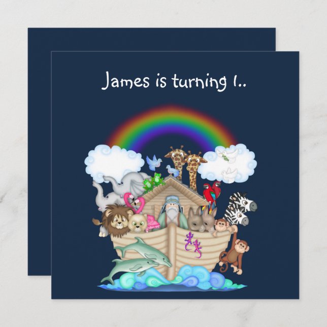 Noahs ark-inbjudan till djur Navy Blue Inbjudningar (Fram/baksida)