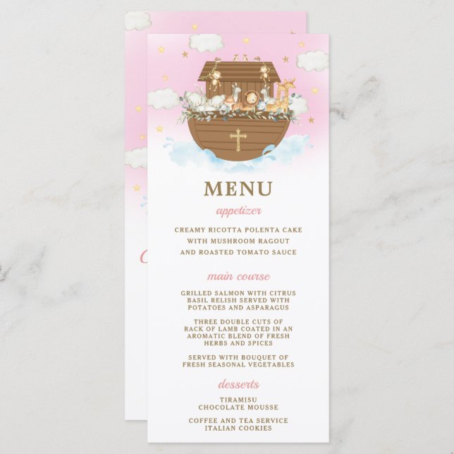 Noahs Ark Rosa Baptism Birthday Baby Shower Menu Program (Fram/baksida)