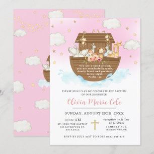 Noahs Ark Rosa Baptism Christening Dedication Inbjudningar