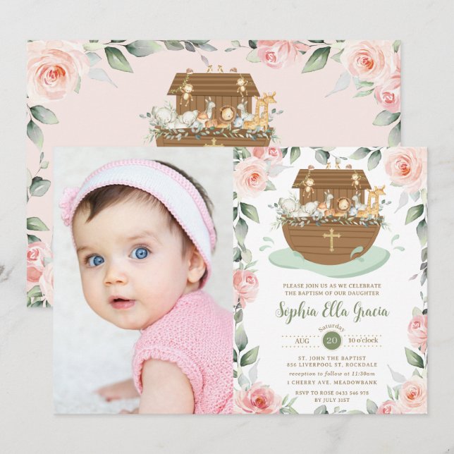 Noahs Ark Rosa Blommigt Girl Girl Baptism Christen Inbjudningar (Fram/baksida)
