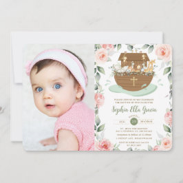 Noahs Ark Rosa Blommigt Girl Girl Baptism Christen Inbjudningar