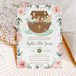 Noahs Ark Rosa Blommigt Girl Girl Baptism Christen Inbjudningar