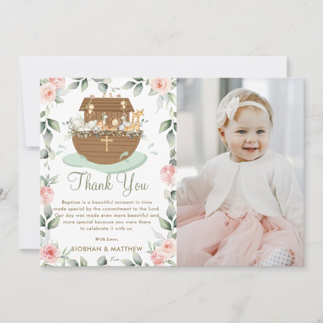 Noahs Ark Rosa Blommigt Girl Girl Baptism Christen Tack Kort (Framsida)