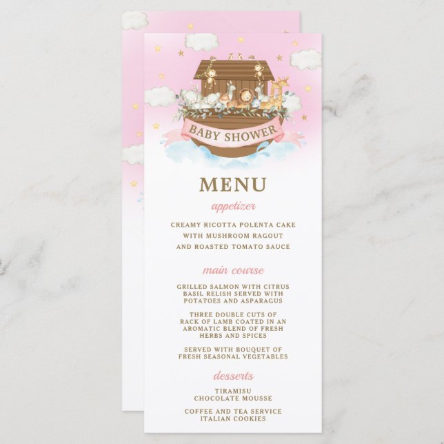 Noahs Ark Rosa Girl Twillingars Baby Shower Program (Fram/baksida)