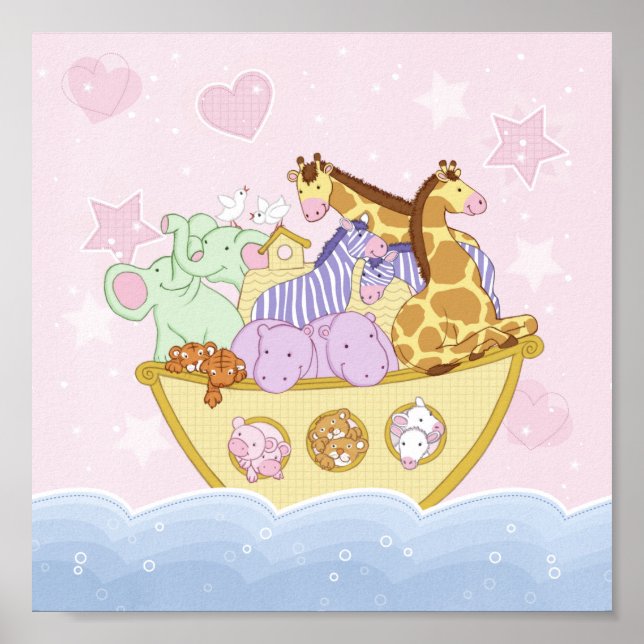Noahs Ark Rosa Nursery Poster Skriv ut (Framsidan)