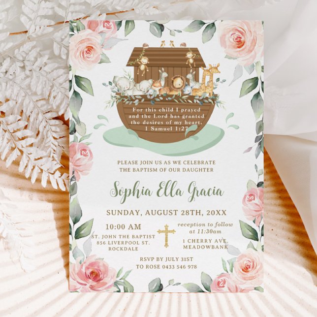 Noahs Ark Rosa ros Greenery Baptism Christening Inbjudningar (Lovely Noah's ark pink floral greenery girl baptism christening invitation cards )