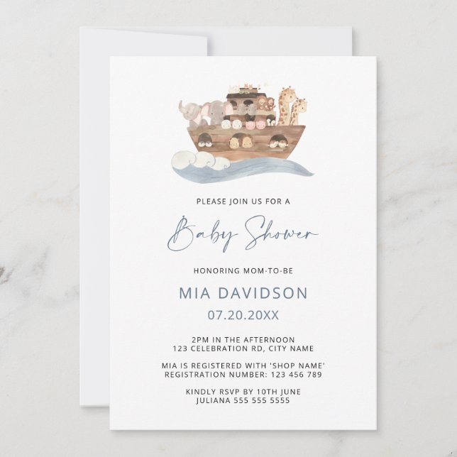 Noahs inbjudan till Ark Baby Shower (Framsida)