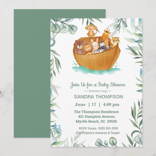 Noahs inbjudan till Ark Baby Shower (Fram/baksida)
