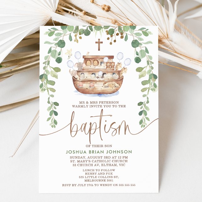 Noahs inbjudan till Ark Foliage Boys Baptism (Modern Noah's ark and foliage baptism invitation for a baby boy featuring a cute ark illustration.)