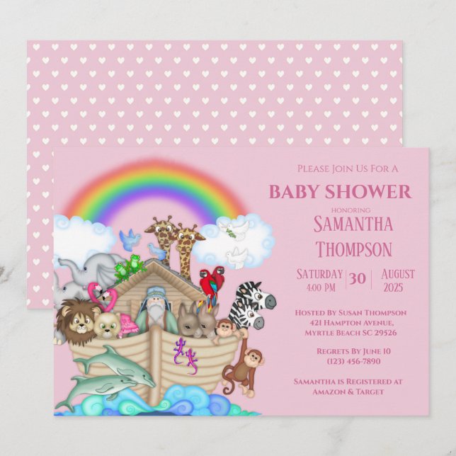 Noahs inbjudan till Ark Girls Baby Shower (Fram/baksida)