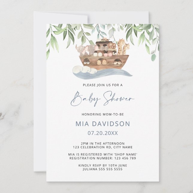 Noahs inbjudan till Ark Greenery Baby Shower (Framsida)