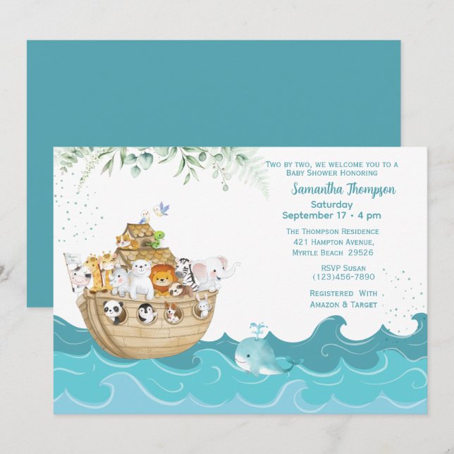 Noahs Neutral Baby Shower i Ark Inbjudningar (Fram/baksida)