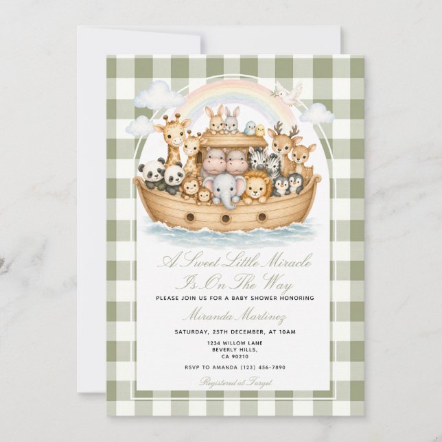 Noaks ark baby shower ljusgrön inbjudningar (Framsida)